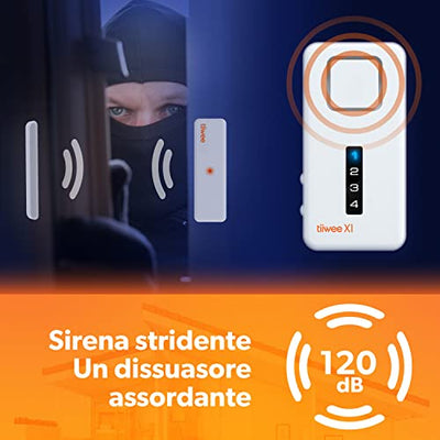 tiiwee Sistema di Allarme per Porte e Finestre - Sistema di Sicurezza con Potente Sirena, 2 Sensori per Porte e Finestre e 2 Telecomandi - Protezione Antieffrazione Casa, Appartamento, Garage