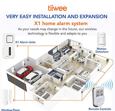 Tiiwee X1-XLPIR Allarme Casa Senza Fili con Sirena X1 da 120 dB, 1 Rilevatore di Movimento, 2 Sensori per Finestre Porta e 2 Telecomandi - kit antifurto - Batterie Incluse –Sicurezza Domestica